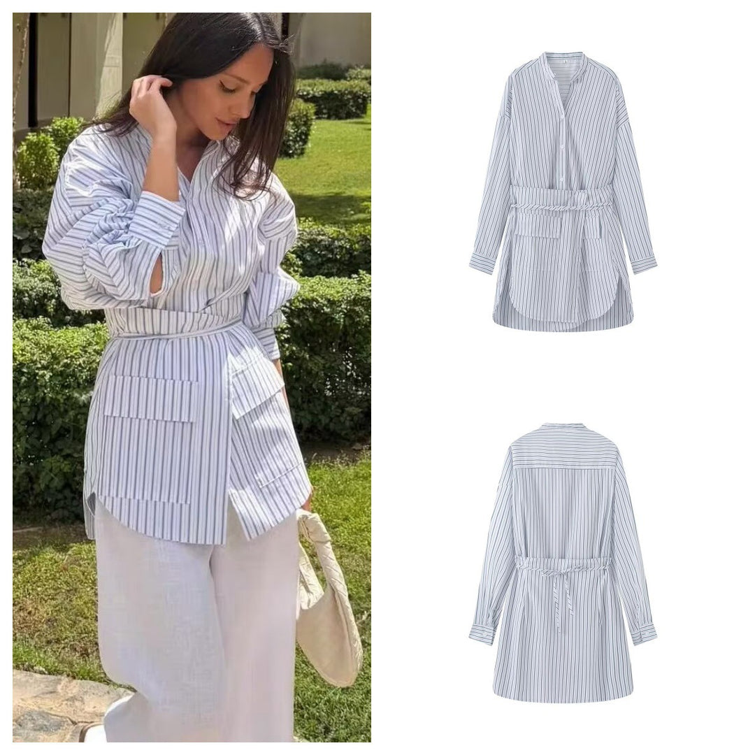 Damen Hemdblusenkleid mit Taillengürtel, Mandarin-Kragen und aufgesetzten Taschen Shop Nory