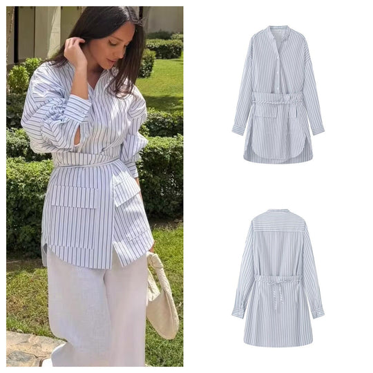 Damen Hemdblusenkleid mit Taillengürtel, Mandarin-Kragen und aufgesetzten Taschen Shop Nory