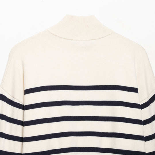 Damen Gestreifter Half-Zip Strickpullover mit Stehkragen Shop Nory