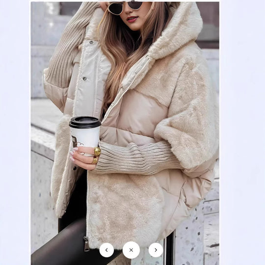 Damen nan oversized gesteppte Winterjacke mit Kunstfellpanelen, Kapuze und integrierten Rippenärmel-Details Shop Nory