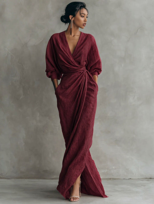 Damen Wickel-Maxikleid aus Leinenmix mit tiefem V-Ausschnitt und Ballonärmeln Shop Nory