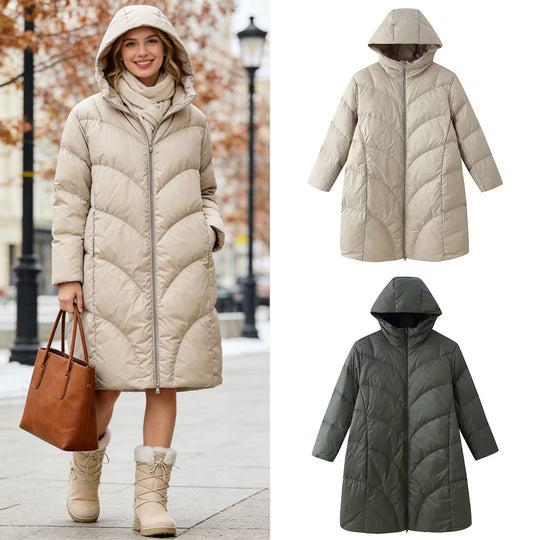 Damen langer wattierter Steppmantel mit Kapuze und doppeltem Reißverschluss Shop Nory