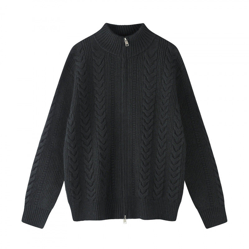 Damen Grobgestrickter Zopfstrick-Cardigan mit durchgehendem Reißverschluss und Stehkragen Shop Nory