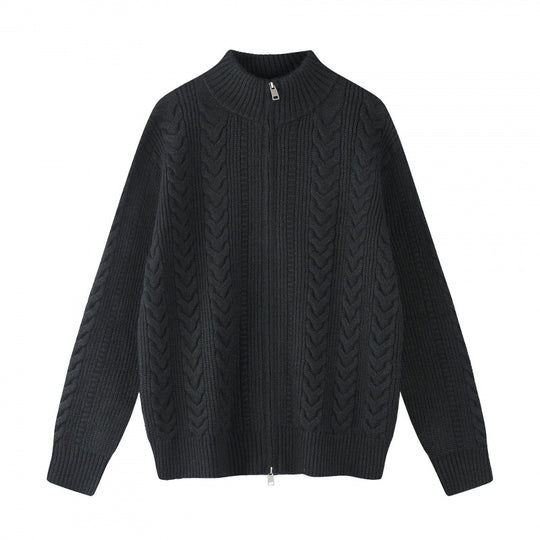 Damen Grobgestrickter Zopfstrick-Cardigan mit durchgehendem Reißverschluss und Stehkragen Shop Nory