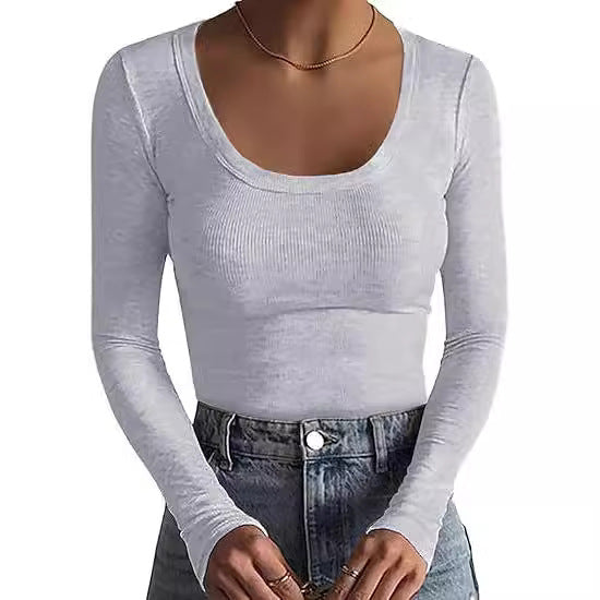 Damen Schmal geschnittenes Langarm-Feinstricktop mit weitem U-Ausschnitt Shop Nory