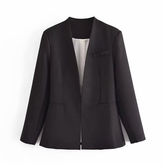 Damen Taillierter Blazer ohne Revers mit offener Front und Paspeltaschen Shop Nory