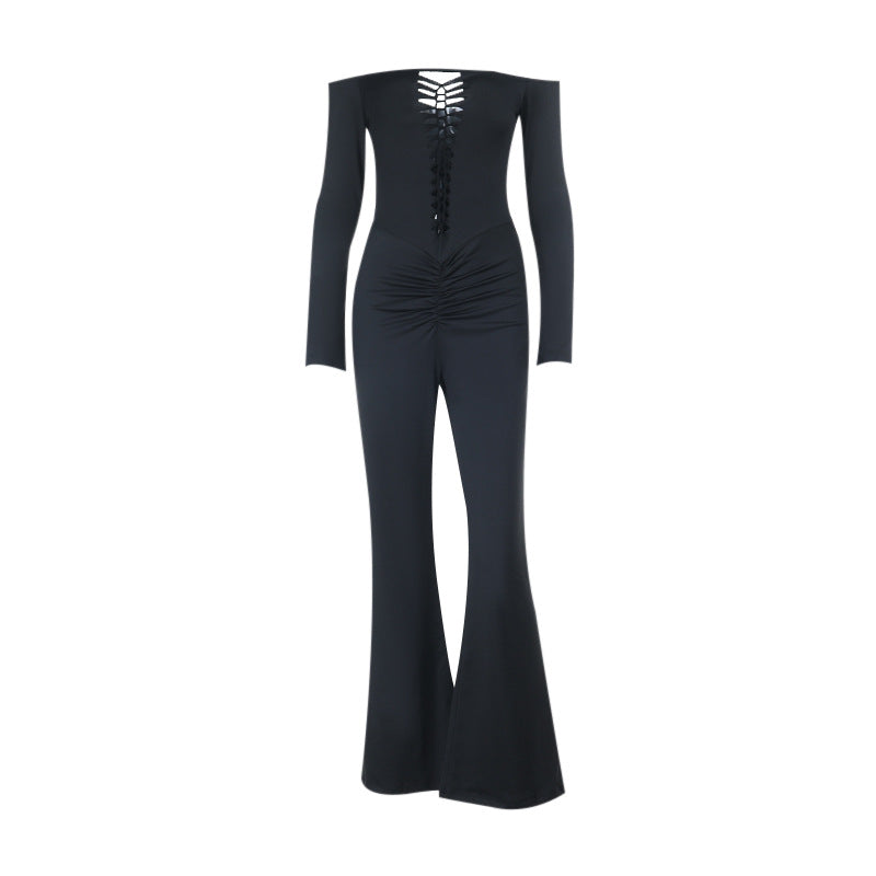 Damen schulterfreier figurnahe Jumpsuit mit Schnür-Bustier, Hüftraffung und Schlaghose Shop Nory