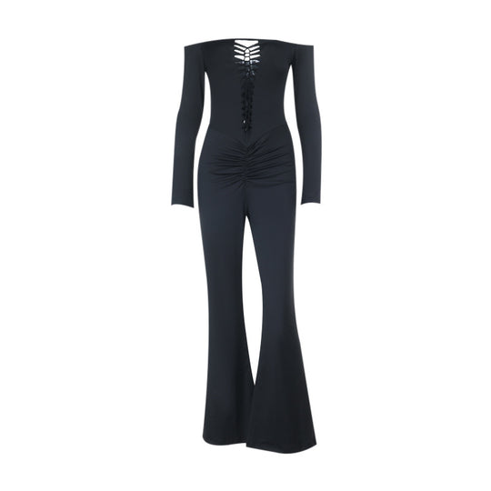 Damen schulterfreier figurnahe Jumpsuit mit Schnür-Bustier, Hüftraffung und Schlaghose Shop Nory
