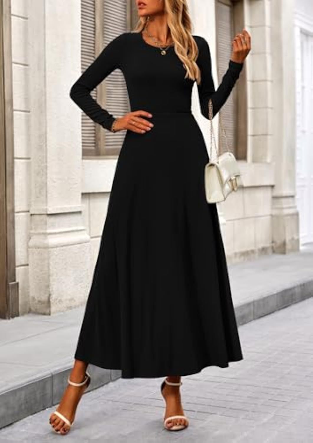 Damen Langärmeliges Maxikleid mit tailliertem Oberteil und fließendem A-Linien-Rock Shop Nory