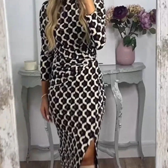 Damen Figurbetontes Midi-Kleid mit geometrischem Wabenmuster, Stehkragen und Seitenschlitz Shop Nory