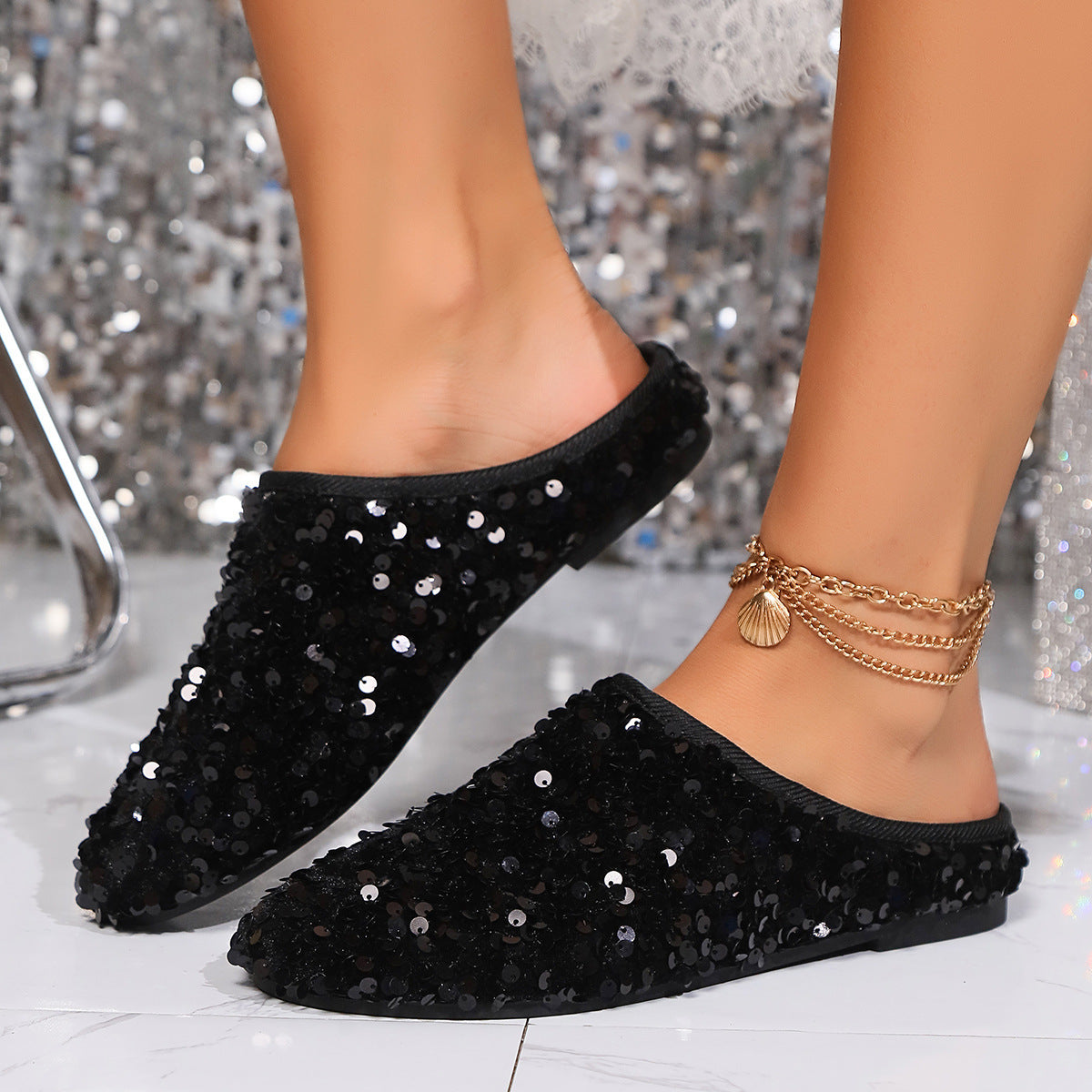 Damen Glitzernde Slippers mit funkelnden Pailletten und weichem Innenmaterial