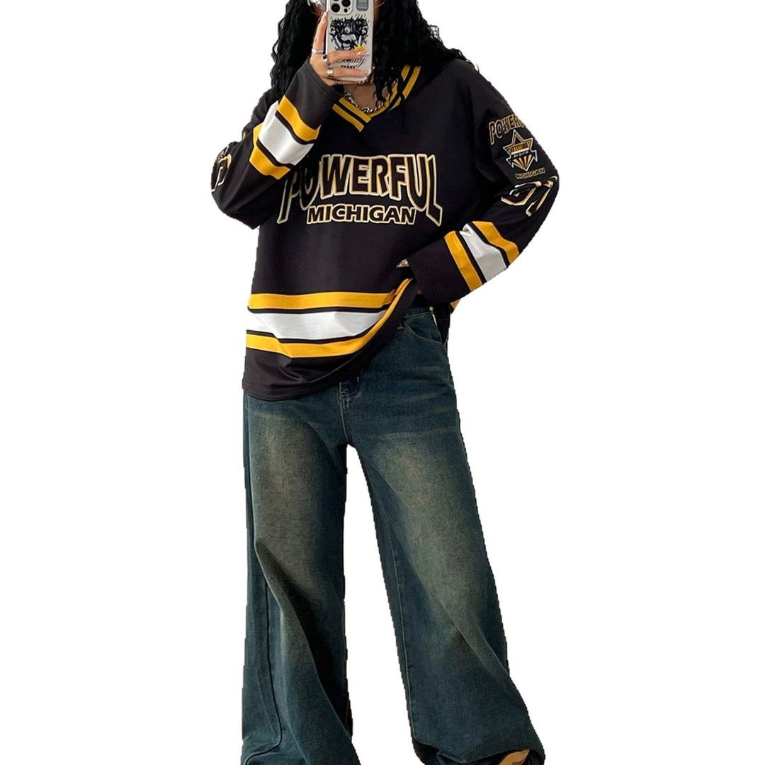 Damen Lässiges Oversized-Sweatshirt im Hockey-Look mit V-Ausschnitt und Blockstreifen Shop Nory