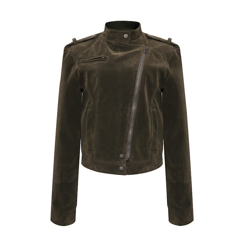 Damen Kurze Veloursleder-Bikerjacke mit asymmetrischem Reißverschluss und Stehkragen Shop Nory