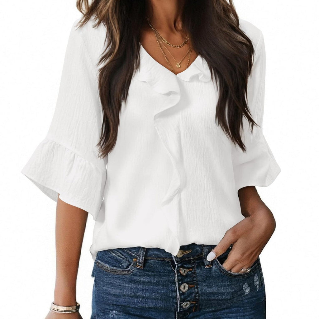 Damen Luftiges Blusenshirt mit Rüschendetails und V-Ausschnitt