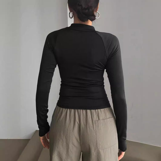 Damen Enganliegendes Sportliches Langarm-Top mit kurzem Stehkragen und V‑Ausschnitt Shop Nory