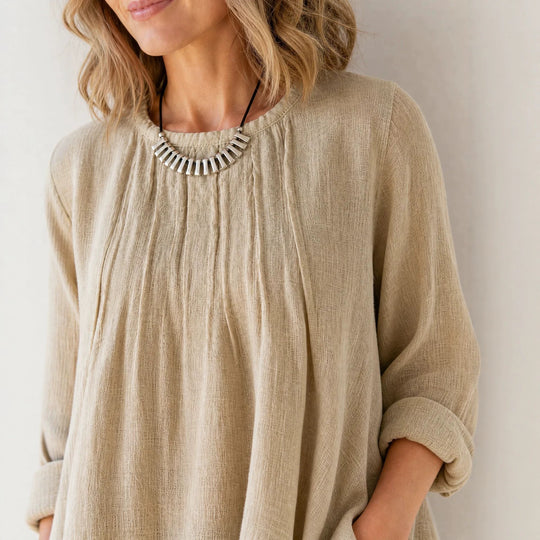 Damen Lässige Tunika-Bluse mit asymmetrischem Saum, feiner Waffelstruktur und Kellerfalten Shop Nory