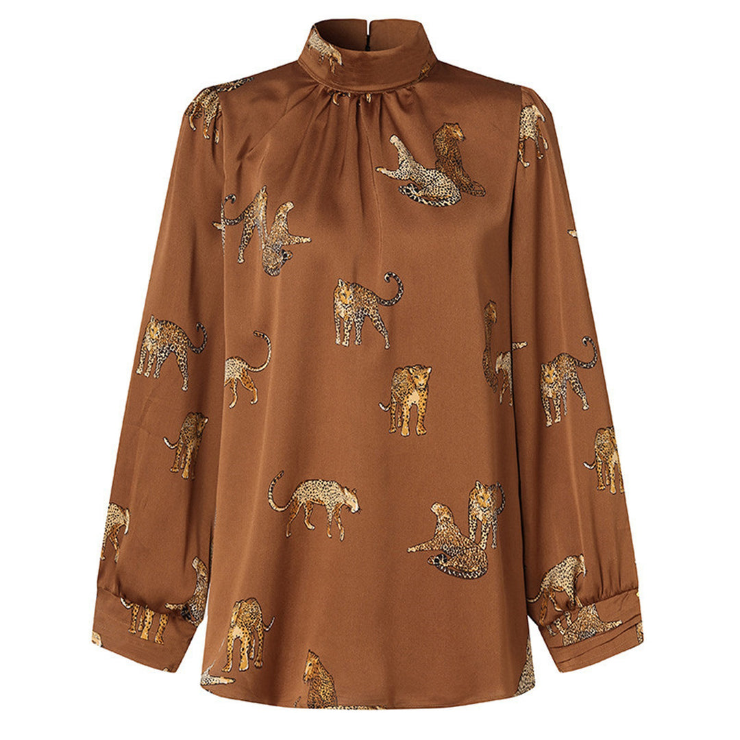 Damen Hochgeschlossenes Satinblusenshirt mit Stehkragen und Animal‑Print Shop Nory