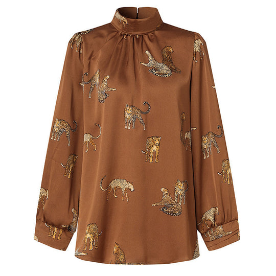 Damen Hochgeschlossenes Satinblusenshirt mit Stehkragen und Animal‑Print Shop Nory