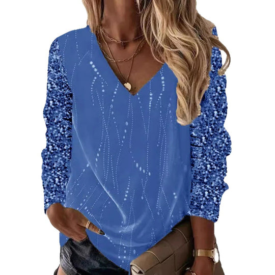 Damen Festliche V-Ausschnitt Bluse mit Paillettenärmeln und leichter Drapierung Shop Nory