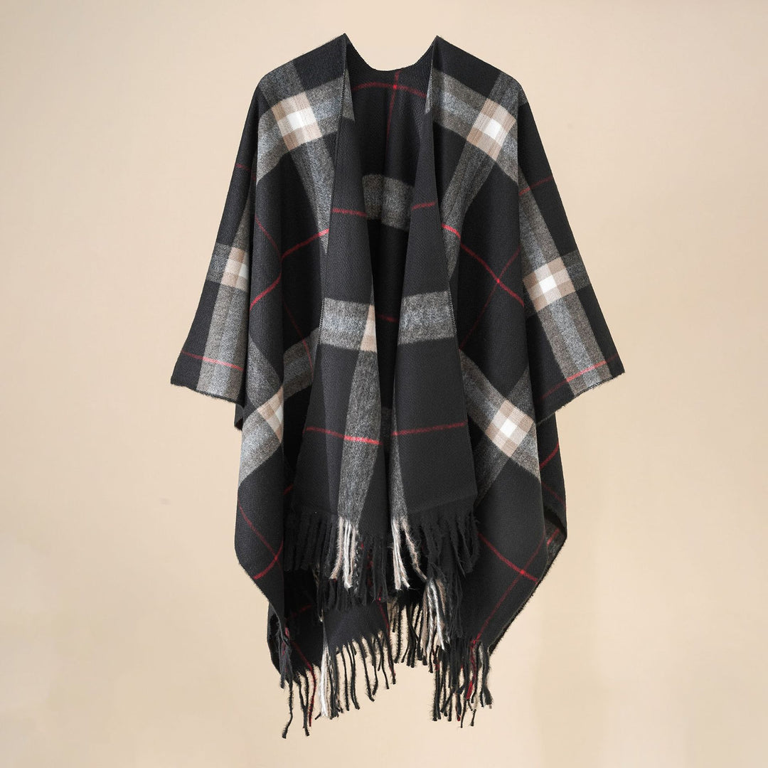 Damen Weit geschnittener Karierter Poncho mit Fransen und V‑Ausschnitt Shop Nory