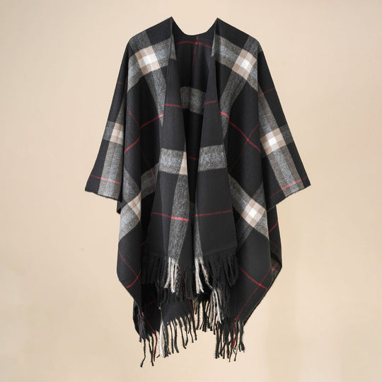 Damen Wollmix-Poncho mit Karomuster und Fransen Shop Nory