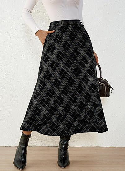 Damen Karierter Midirock in A-Linie mit hoher Taille und seitlichen Eingrifftaschen Shop Nory