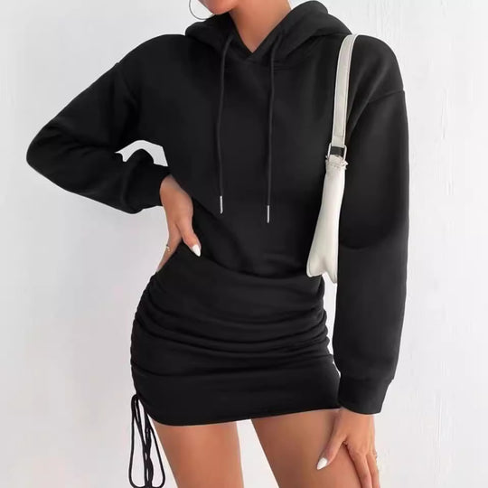 Damen Kapuzenkleid im Sweatshirt‑Stil mit gerafftem Minirock und Kordelzügen Shop Nory