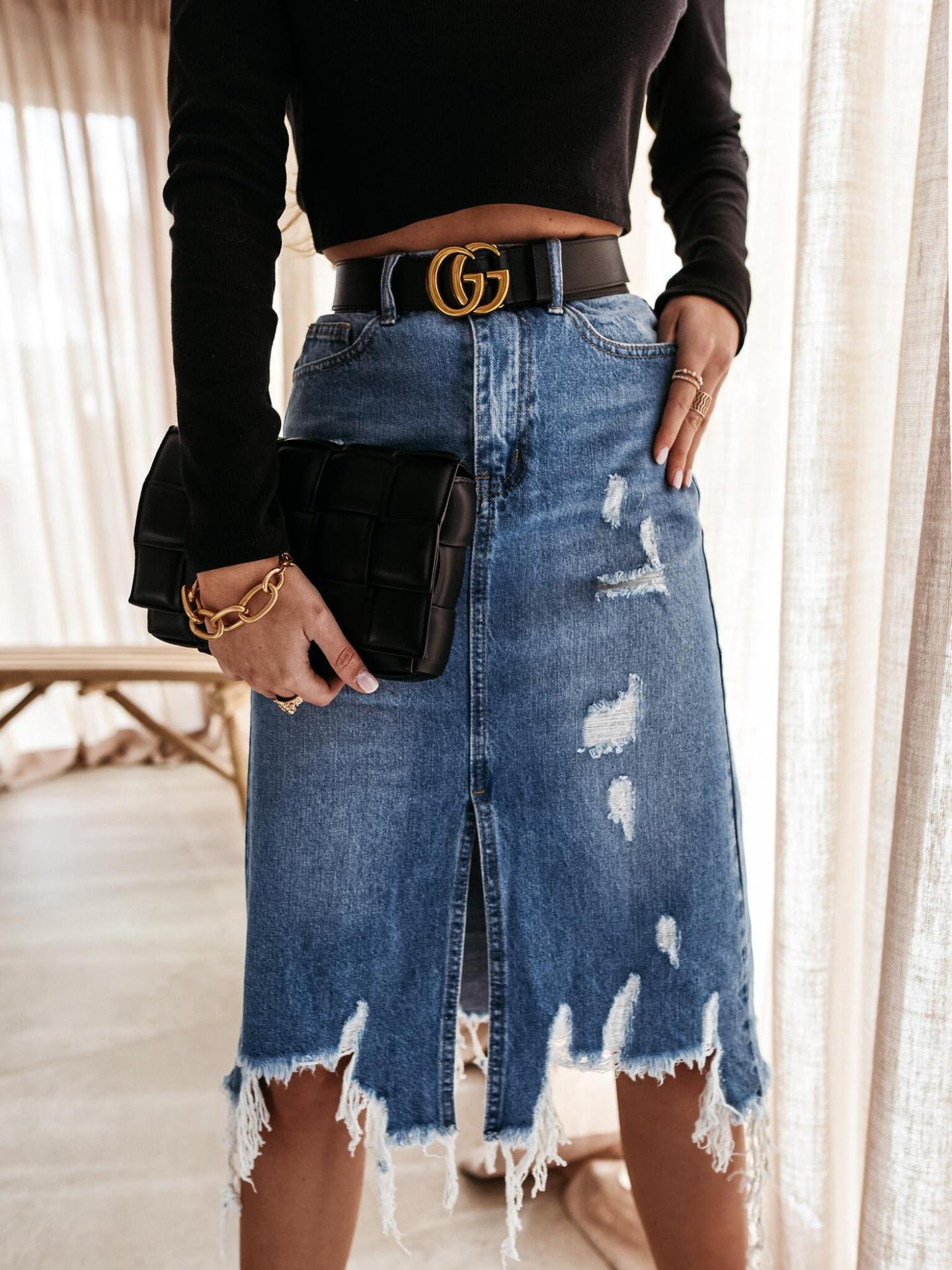Damen Jeansrock mit ausgefransten Säumen und dekorativen Rissen