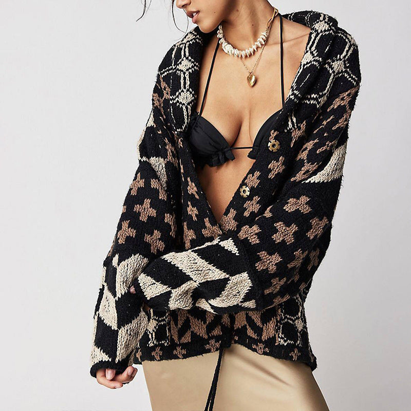 Damen Oversized Strickjacke mit Schalkragen und grafischem Muster Shop Nory