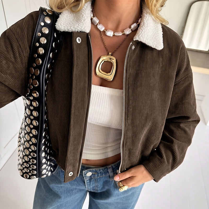 Damen Kurzgeschnittene Cordjacke mit Teddyfutter und Schafkragen Shop Nory