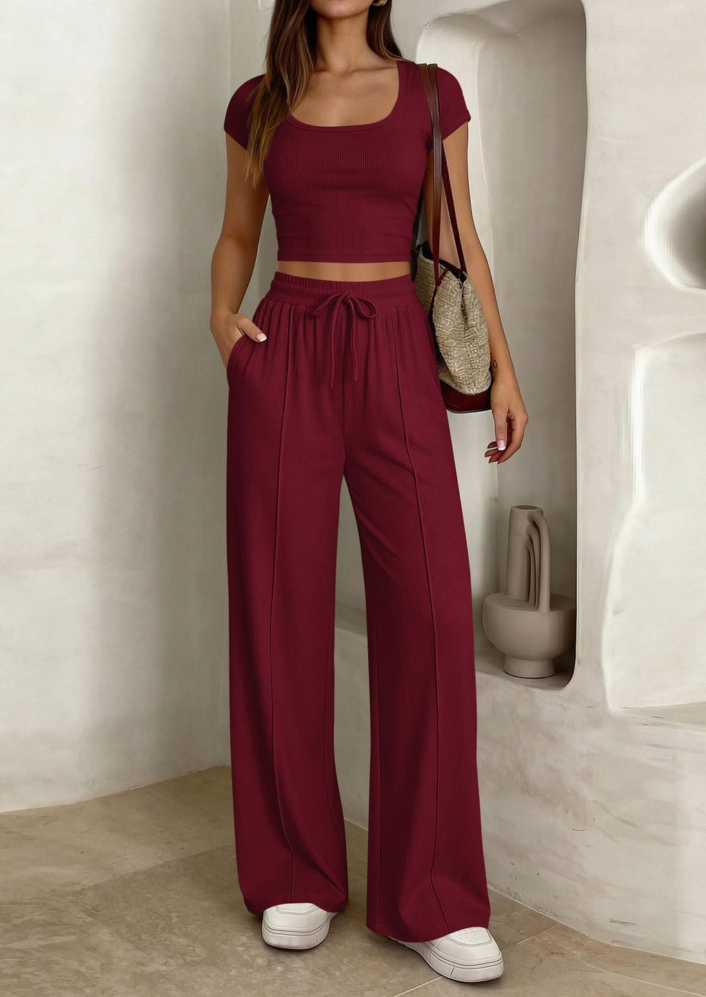 Damen lässiges Cropped-Top und weite Hose Set