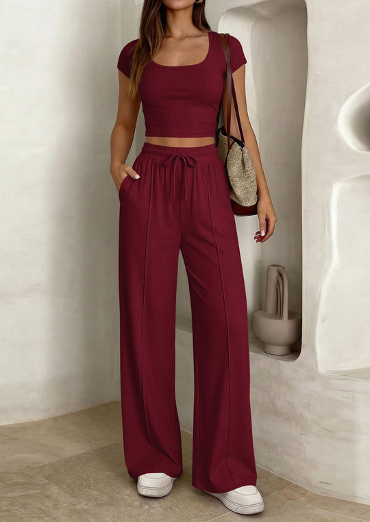 Damen lässiges Cropped-Top und weite Hose Set