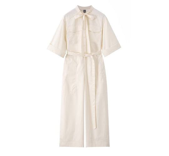 Damen Overall mit Schleifenkragen, Taillengürtel und weitem Bein Shop Nory