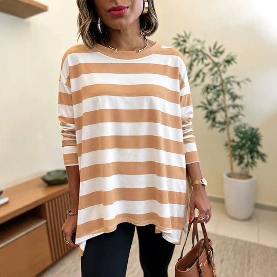 Damen Oversized Streifen-Longsleeve mit Rundhalsausschnitt und abgerundetem Saum Shop Nory