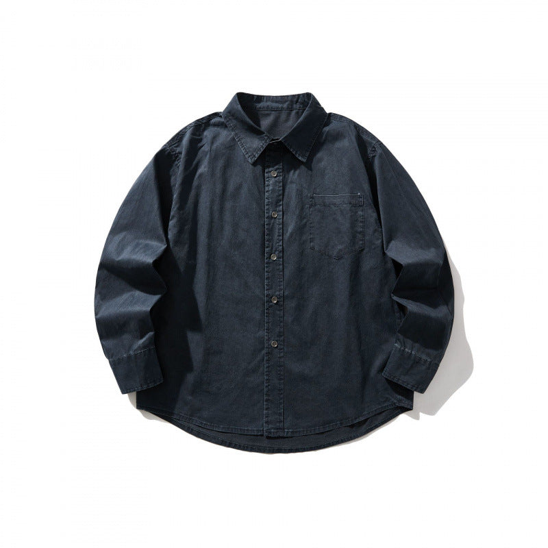 Unisex Oversize-Denim-Hemdjacke mit kastiger Silhouette, Brusttasche und gerundetem Saum Shop Nory
