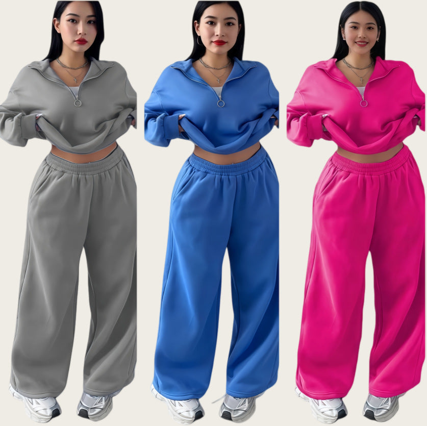 Damen Cropped Oversize-Sweatshirt mit halbem Reißverschluss und weite High-Waist Jogginghose Set Shop Nory