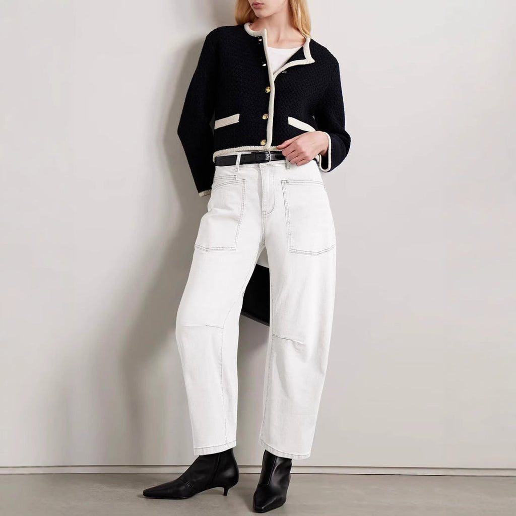 Damen halbhohe Denim-Hose mit einzigartigen aufgesetzten Taschen Shopnory