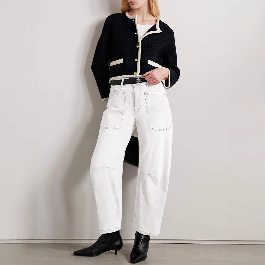 Damen halbhohe Denim-Hose mit einzigartigen aufgesetzten Taschen Shopnory