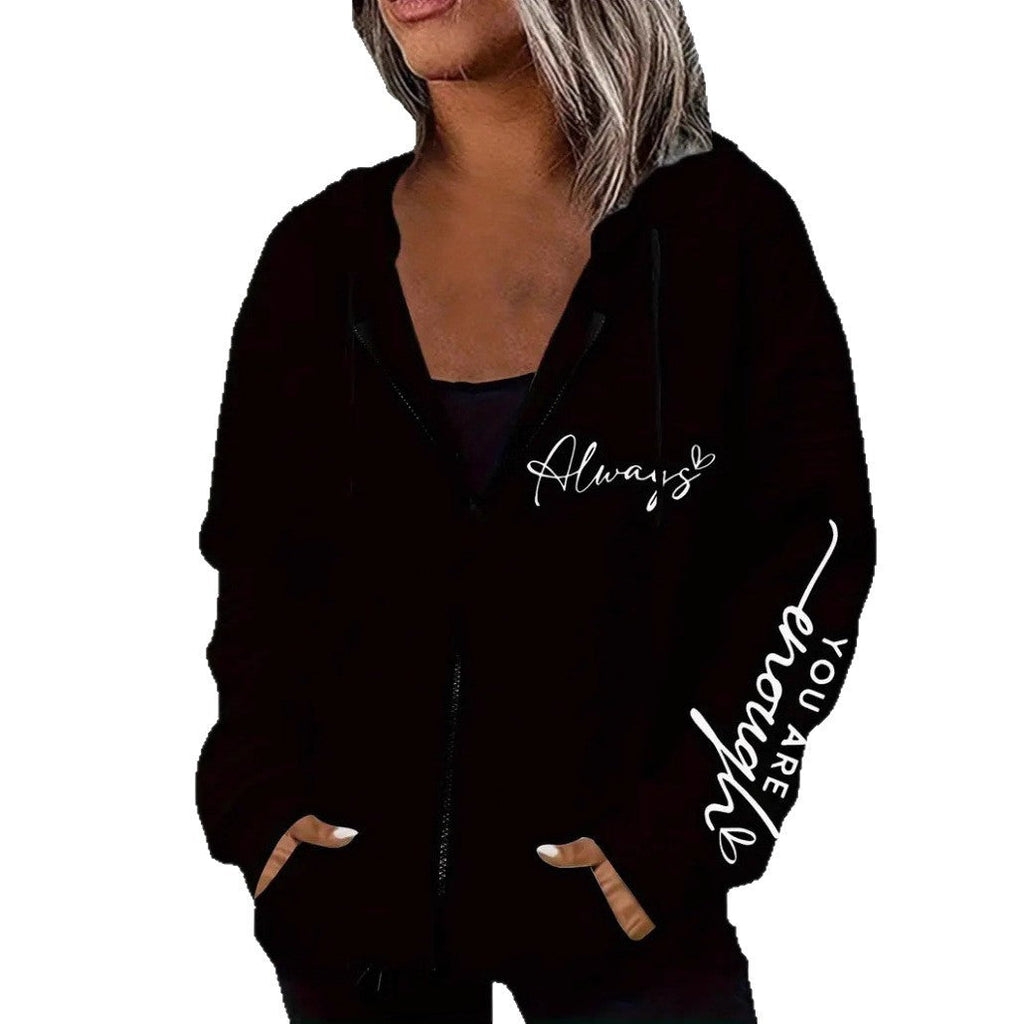 Damen nan oversized Kapuzenjacke mit Reißverschluss, handgeschriShopnoryener Typo-Applikation und Kontrast-Eingrifftaschen
