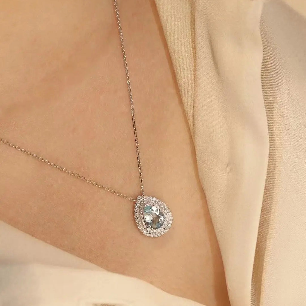 Damen zarte Halskette mit tropfenförmigem Aquamarin-Anhänger und funkelndem Zirkonia Shop Nory