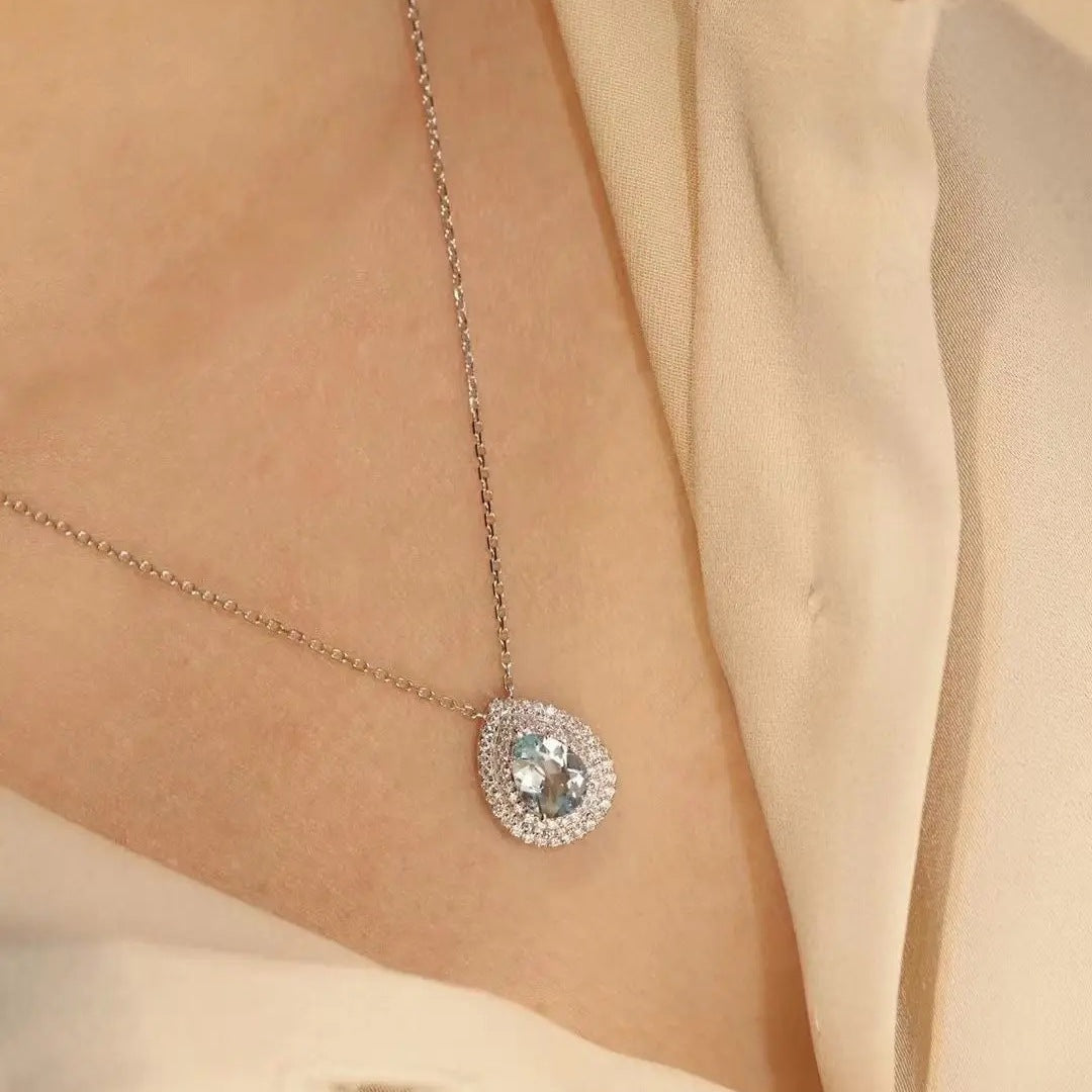 Damen zarte Halskette mit tropfenförmigem Aquamarin-Anhänger und funkelndem Zirkonia Shop Nory