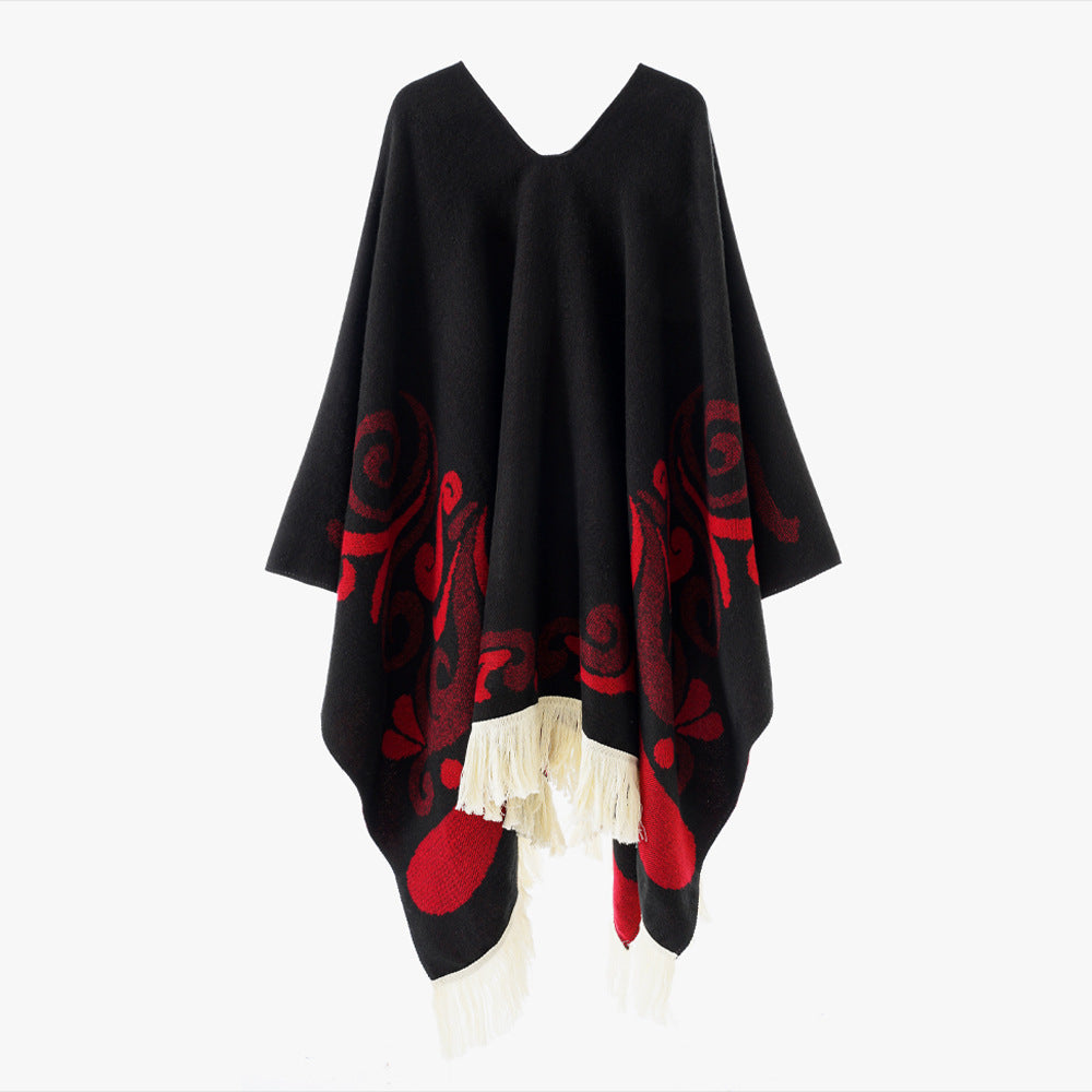 Damen Wollmix-Poncho im Umhangstil mit V-Ausschnitt, kontrastierendem Ornament-Jacquard und Fransen Shop Nory