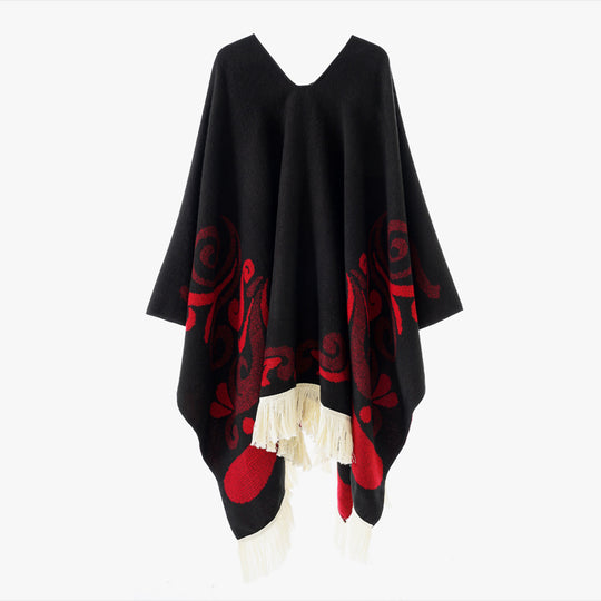 Damen Wollmix-Poncho im Umhangstil mit V-Ausschnitt, kontrastierendem Ornament-Jacquard und Fransen Shop Nory