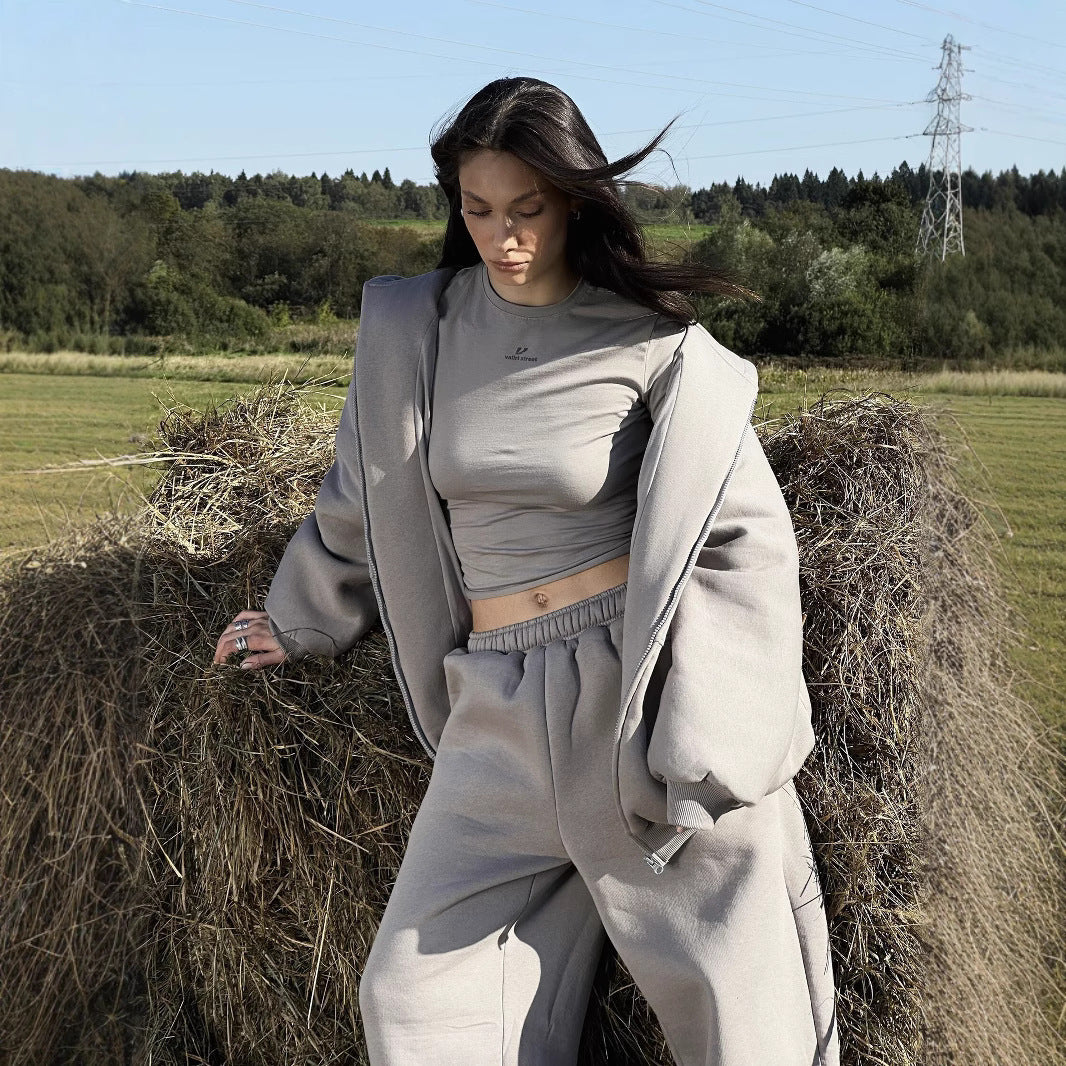 Damen Komfort-Kapuzen-Zipjacke mit verdecktem Reißverschluss, Kängurutasche und gerader Sweat-Hose Shop Nory