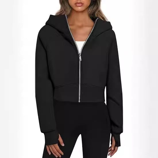 Damen cropped Kapuzenjacke mit durchgehendem Reißverschluss