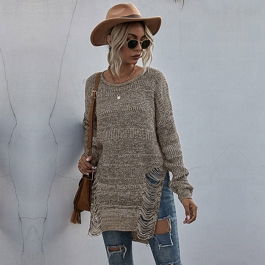 Damen Oversize-Longpullover mit Fransen-Schlitzen und High‑Low-Saum Shop Nory