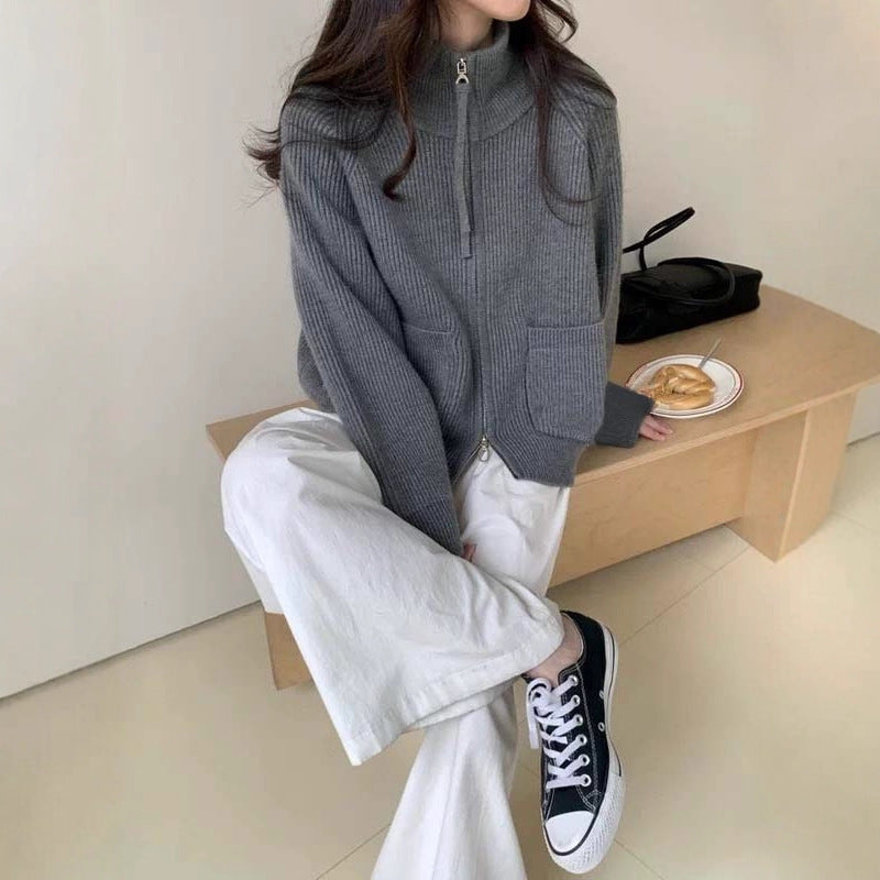 Damen Hochwertiger Strickjacke mit Reißverschluss Shop Nory