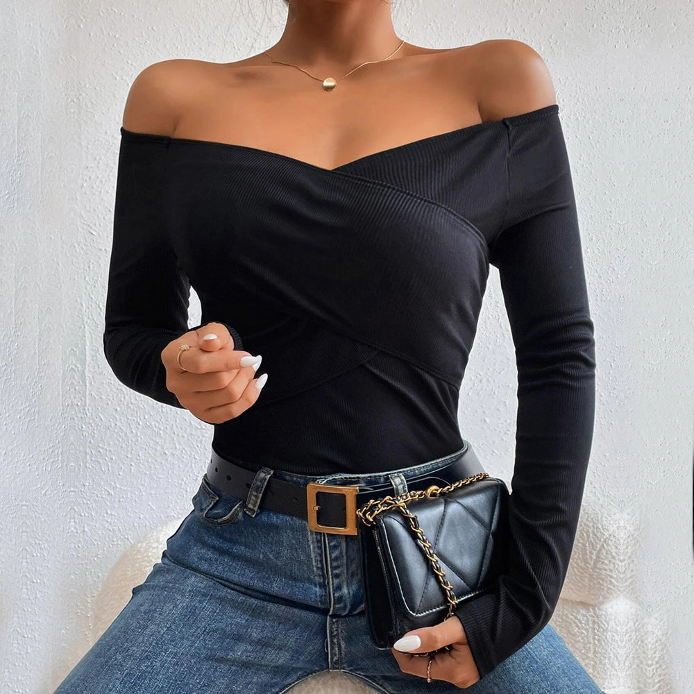 Damen schulterfreies Langarm-Rippstretch-Top mit Wickeloptik und figurbetonter Passform Shop Nory