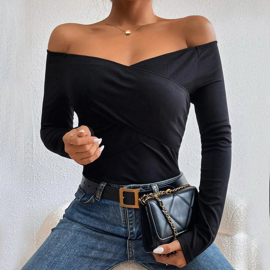 Damen schulterfreies Langarm-Rippstretch-Top mit Wickeloptik und figurbetonter Passform Shop Nory