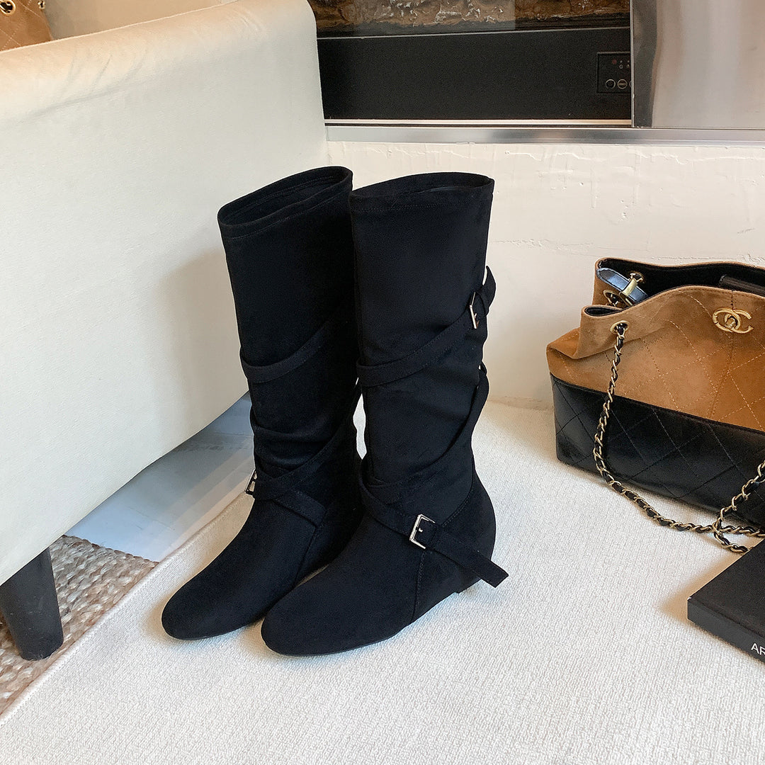 Damen Kniehohe Velourslederstiefel mit Wickelriemen und flachem Keilabsatz Shop Nory